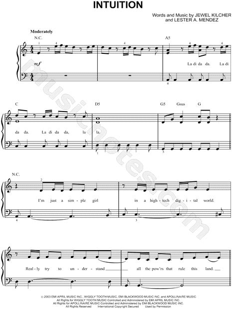 Jewel Intuition Sheet Music Easy Piano In A Minor Download And Print Sku Mn0104234