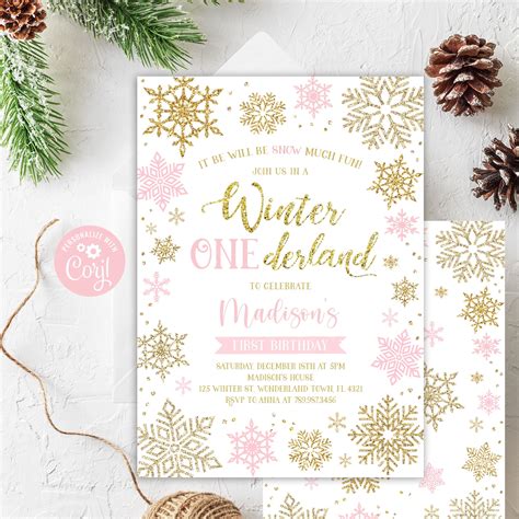 Editable Winter Onederland Invitation Pink And Gold Winter Etsy