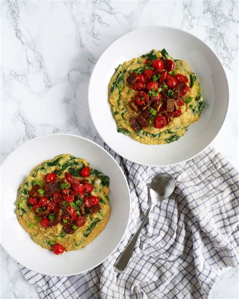 Polenta Corn Grits With Tempeh Spinach And Tomatoes Recipe Vegan