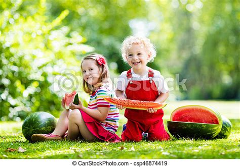 Kids Eating Watermelon In The Garden Child Eating Watermelon In The