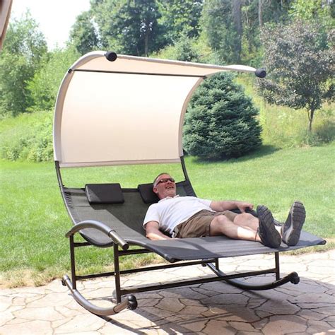 Sunnydaze Decor Sling Double Outdoor Rocking Chaise Lounge Chair With Canopy Pl 625 The Home Depot