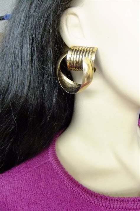 80s Goldtone Metal Earrings Oversized Gold Earrings Costume Jewelry