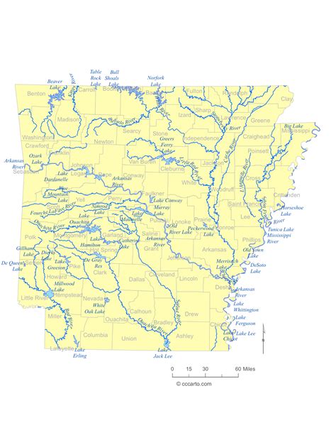 State Of Arkansas Water Feature Map And List Of County Lakes Rivers