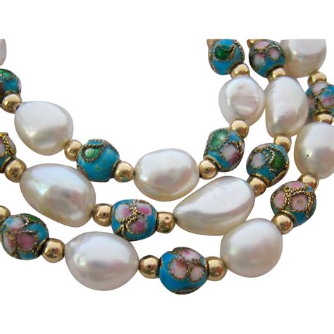 14k Gold Baroque Cultured Pearl And Cloisonné Bead Necklace From