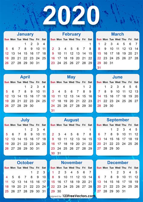 2020 Yearly Calendar Printable Free