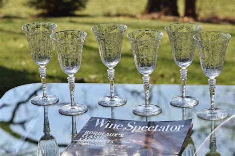 vintage floral etched optic wine glasses set of 6 rock etsy etched wine glasses wedding