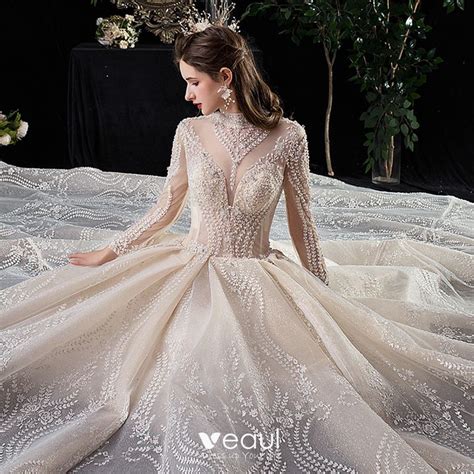 vintage retro champagne see through wedding dresses 2020 ball gown high neck long sleeve