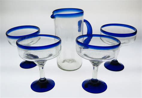 Mexican Glass 4 Blue Rim Margarita With 56 Oz Straight Pitcher Hand Blown Set For Sale Online Ebay