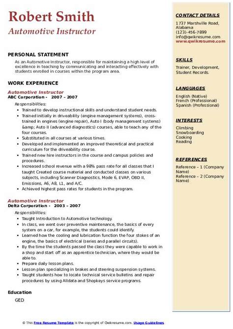 Read about all opportunities available for 12th pass student in govt. Automotive Instructor Resume Samples | QwikResume