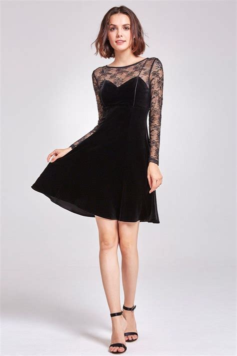 Black Long Lace Sleeve Velvet Party Dress 42 3 As05898bk
