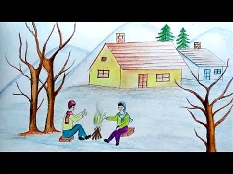 Printmaking crafts for kids exploring different patterns and marks made using toilet and kitchen rolls that have been squashed, cut and wrapped in string and elastic bands.what a fun idea.these prints. How to draw Winter Season Scenery | Easy Scenery of Hill ...