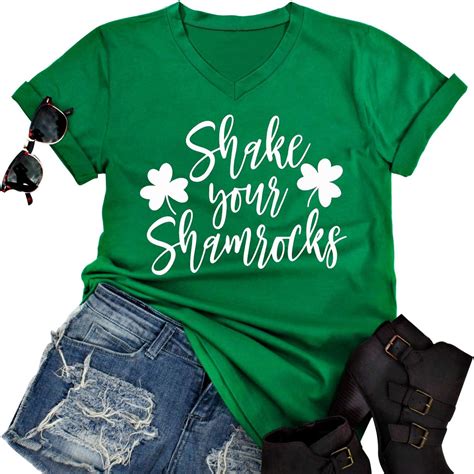 Shake Your Shamrocks Funny St Patrick S Day Shirt For Women Short Sleeve Graphic Tee V Neck