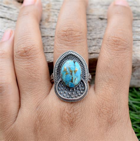 Blue Copper Turquoise Ring925 Sterling Silver Ring Boho Etsy