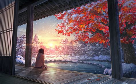 Hd Wallpaper Chill Out Snow Anime Girls Maple Leaf
