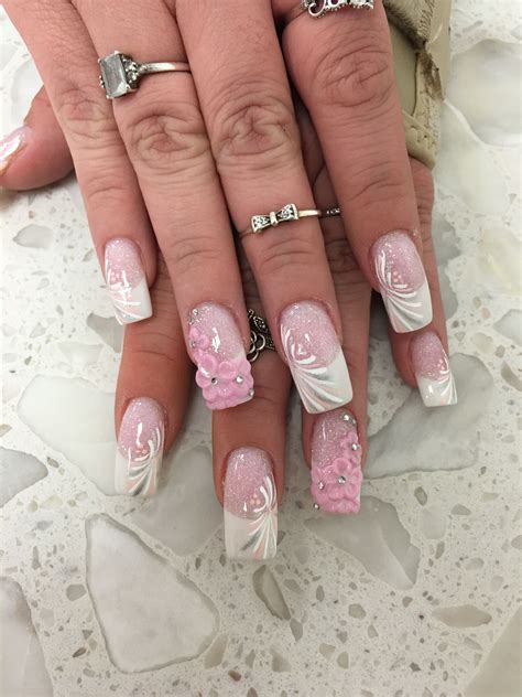 Pink And White D Flower Glitter Anc Nail Art Nail Design French Tip