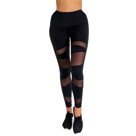 Women Fitness Legging Wide Waistband Black Pants Push Up Slim Sexy Mesh Splice Trousers Ropa
