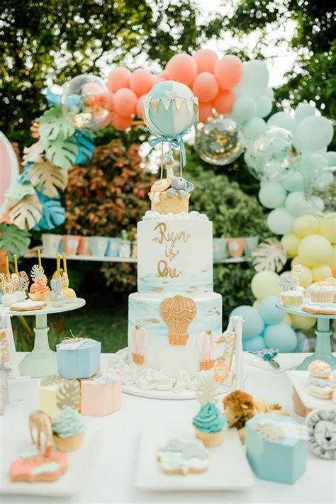 Darling hot air balloon cakes hot air balloon dessert containers flower & cloud filled dessert… Hot Air Balloon Safari 1st Birthday - Pretty My Party ...