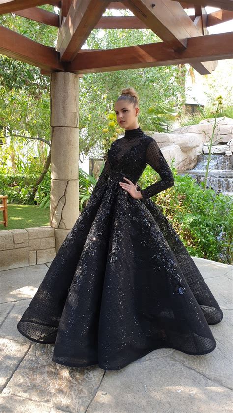 Black Turtle Neck W Long Sleeves Black Lace Ball Gown Prom Dresses