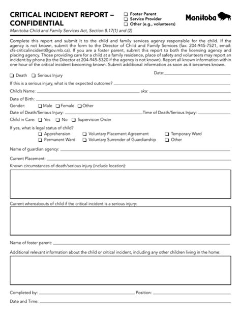 Manitoba Canada Critical Incident Report Confidential Fill Out