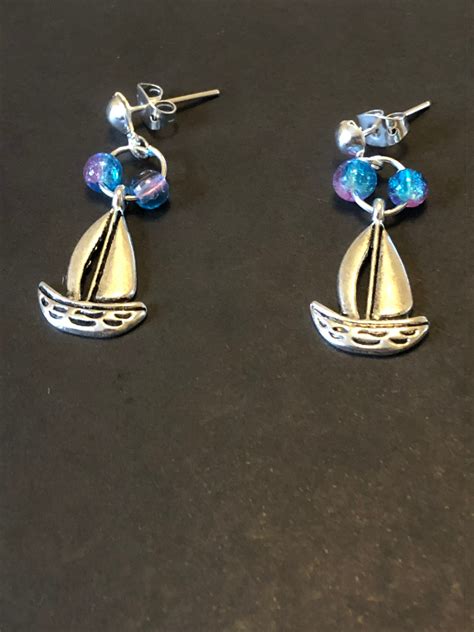 Blue And Silver Boat Stud Earrings Nautical Earrings Etsy