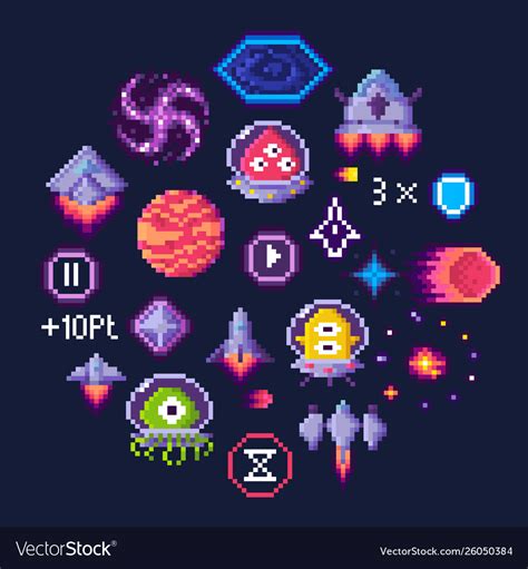 Space Game Pixel Art Aliens And Spaceship Icons Vector Image