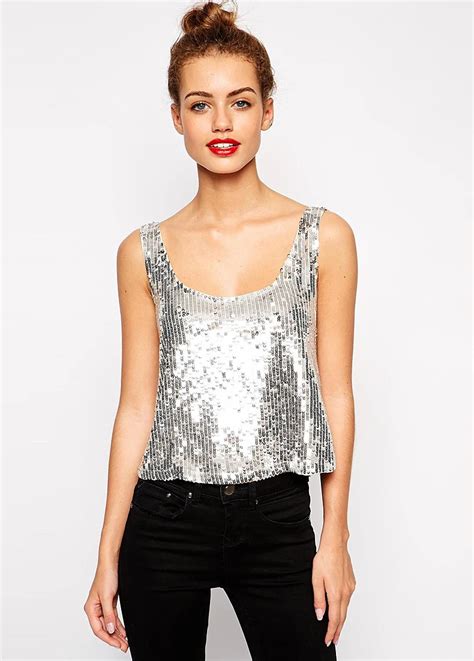 Sexy Summer Style Backless Slim Crop Top Silver Sequins Round Neck Sleeveless Tank Top Veest
