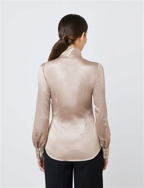 Satin Women S Fitted Shirt With Pussy Bow In Taupe Hawes And Curtis Uk