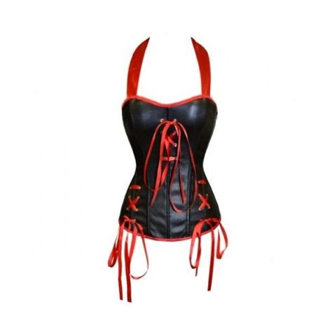 A3420 Black Leather Look Corset With Red Ribbon Liked On Polyvore