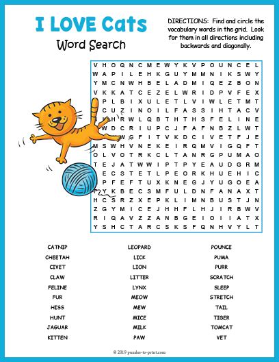 Cat Word Search Kids Printable