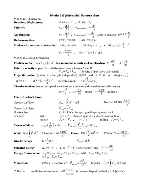Physics Mechanics Formula Sheet Cheat Sheet Mechanics Docsity
