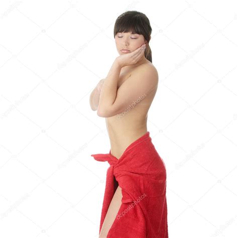 Nude Female Covered Red Towel White Background Stock Photo By Piotr