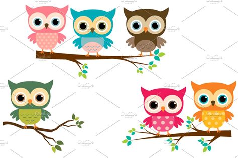 Cute Owls With Branches Clip Art Custom Designed