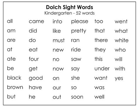 Printable Dolch Kindergarten Sight Words Flashcards 52 Cards Child