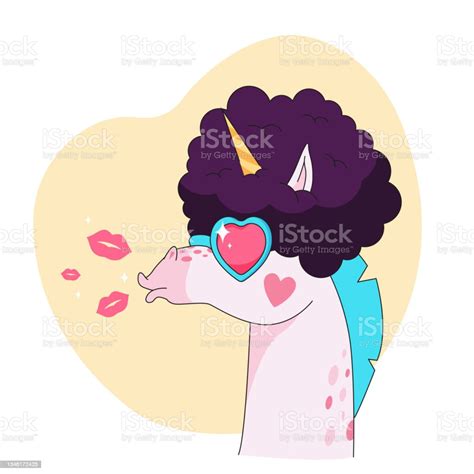 Funny Unicorn Cartoon Character In Retro Wig Sticker Stock Illustration