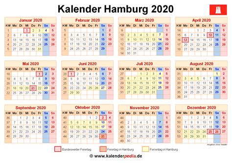Die kalenderwoche, die den ersten donnerstag enthält ist die kw 1 im jahr. Kalender 2020 Hamburg: Ferien, Feiertage, Excel-Vorlagen