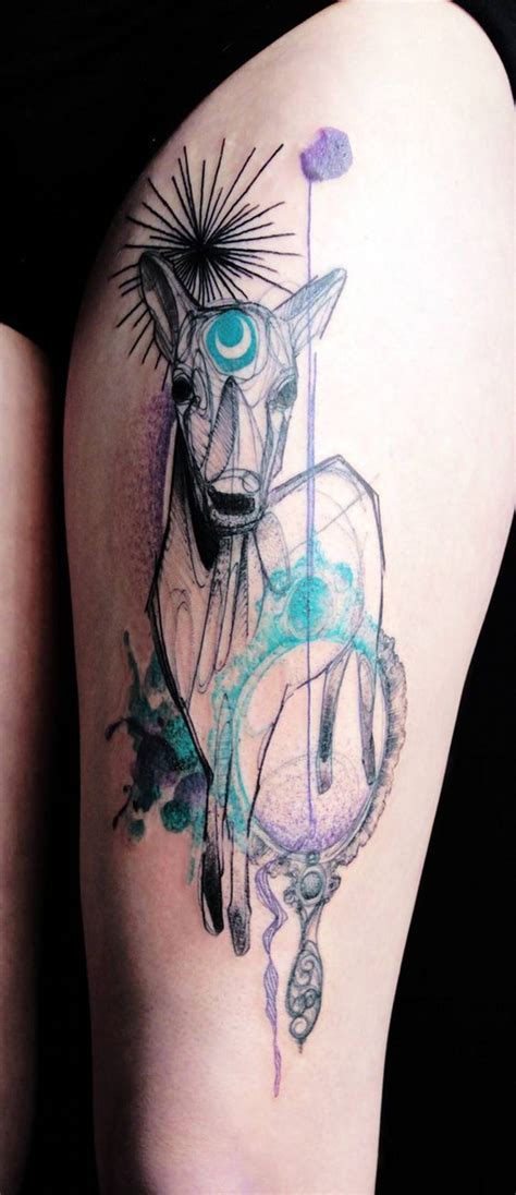 Abstract Style Colored Mystical Deer Tattoo On Thigh Tattooimagesbiz