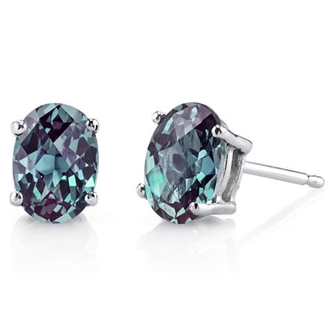 Alexandrite Stud Earrings 14 Kt White Gold Oval Shape 2 Carats | 14k
