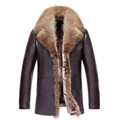 New Winter Big Fur Raccoon Collar Jacket Leather Coat Man Thick Casual