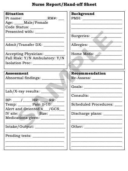 Emergency Nurse Student Report Hand-off Sheet | Nurse report sheet