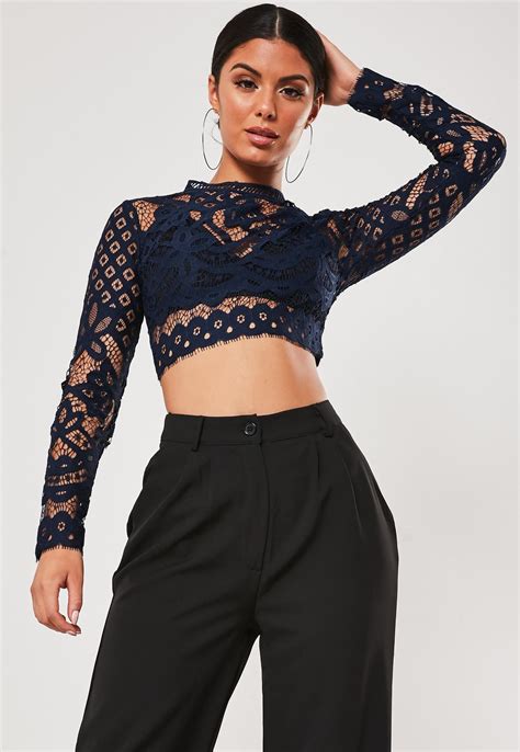 Women's short sleeve t shirt graphic print distressed crop top. Navy Lace Long Sleeve Crop Top | Missguided