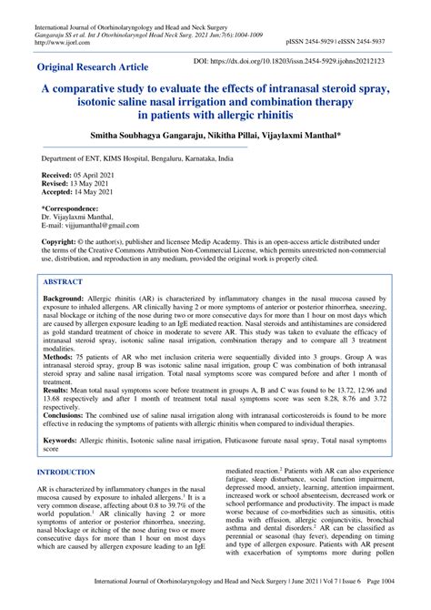Pdf A Comparative Study To Evaluate The Effects Of Intranasal Steroid