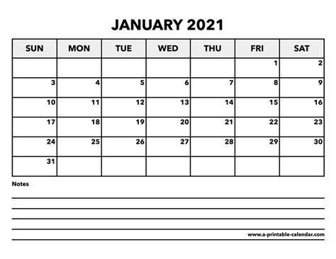 Calendar January 2021 A Printable Calendar