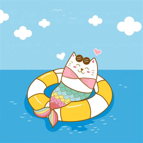 Maybe you would like to learn more about one of these? Cute cat mermaid wear swim ring on the sea cartoon hand ...