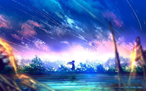 Wallpaper Anime Girl Falling Stars Scenic Colorful Landscape
