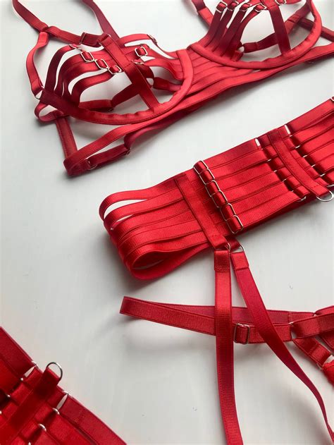 Red Harness Lingerie Set See Through Lingerie Sexy Lingerie Etsy