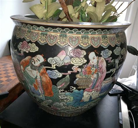 Superb Large Oriental Vintage Chinese Fish Bowl Hand Painted planter