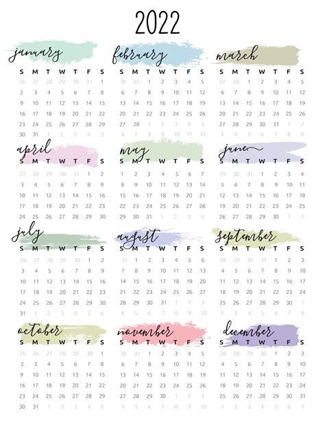 Watercolor One Page 2022 Calendar World Of Printables