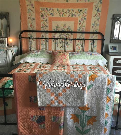 Beautiful Cottage Bedroom Dressed In Vintage 30s Quilts Soft Peach And