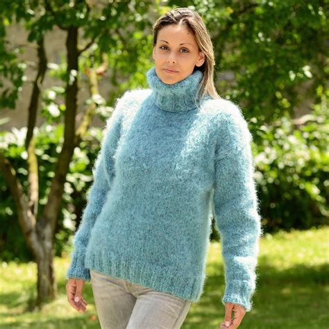 Blue Hand Knit Mohair Wool Sweater Fuzzy Soft Dress Pullover