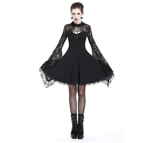 Darkinlove Women Gothic Dress Black Lace Long Sleeved Short Dress Daily Gothic Party Clothing In